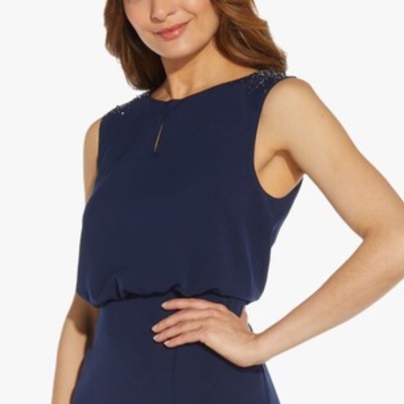 NEW Adrianna Papell NAVY Beaded Shoulder CREPE Blouson EVENING DRESS GOWN 8 - Picture 5 of 11